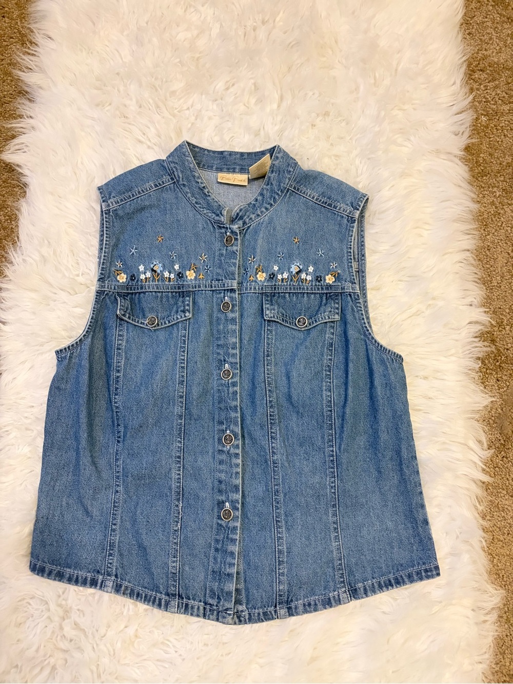Vintage Embroidered Denim Vest Floral Button Front